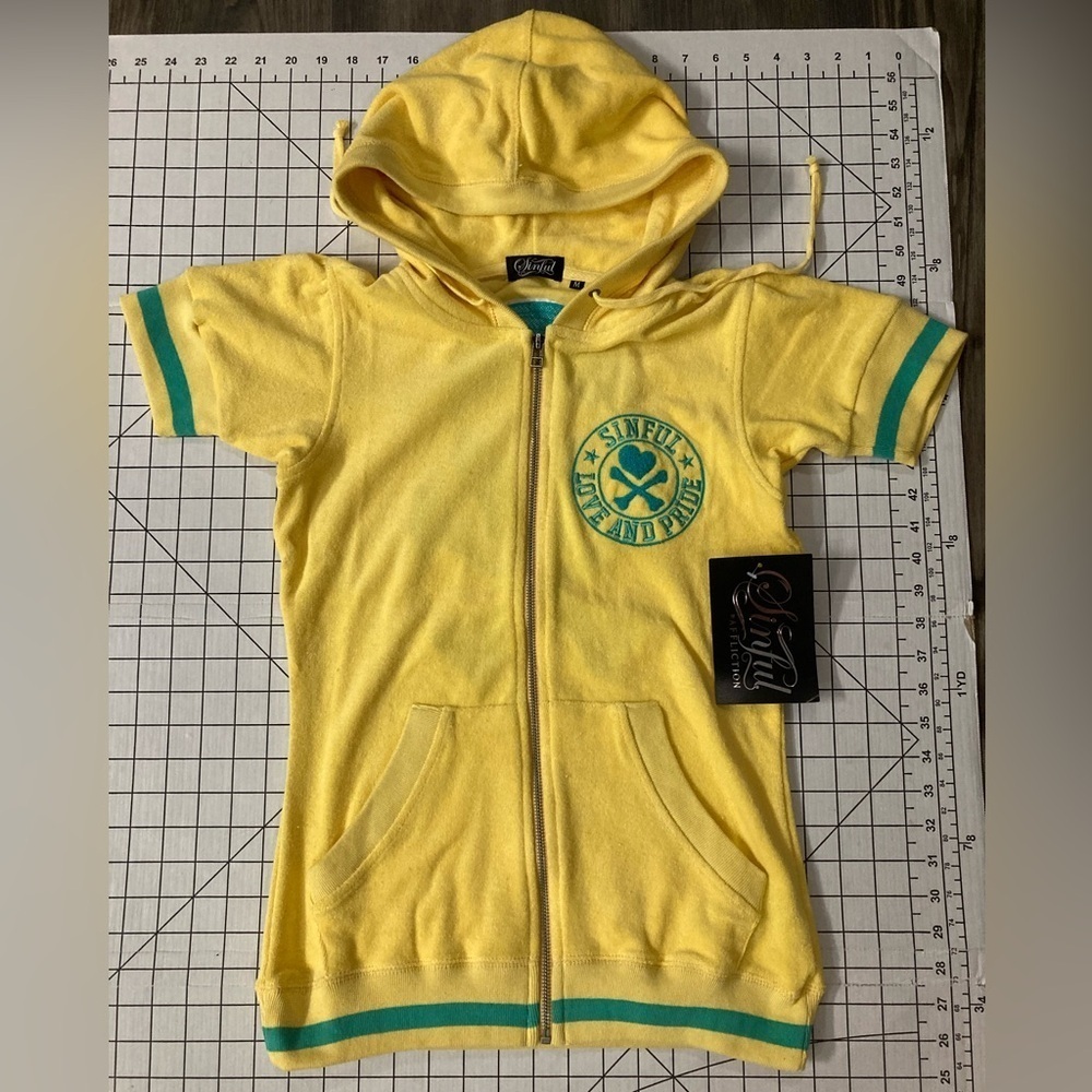 Sinful Yellow Hooded Zip Short-Sleeve Sweatshirt with Teal Trim